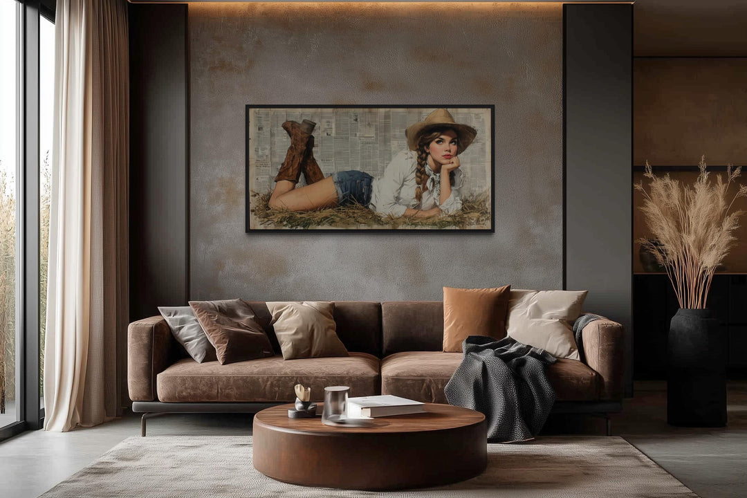 Cowgirl In Hay Framed Canvas Wall Art
