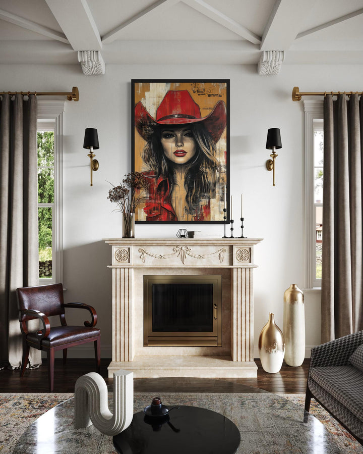 Cowgirl in red hat graffiti portrait framed canvas wall art hanging above a fireplace mantel.