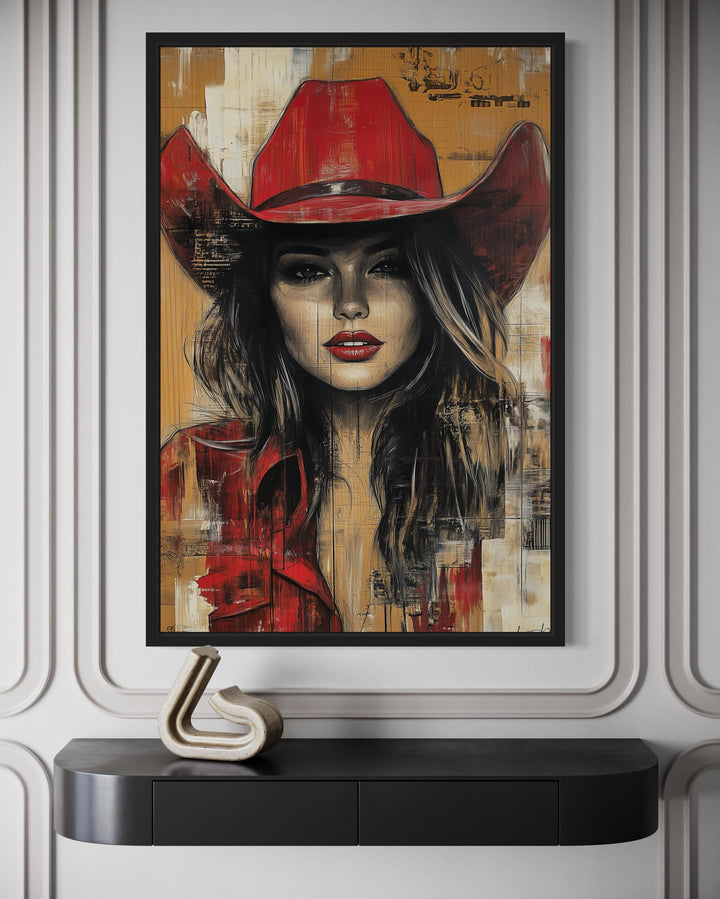 Framed canvas wall art of a cowgirl in a red hat with a graffiti-style portrait on a white wall.