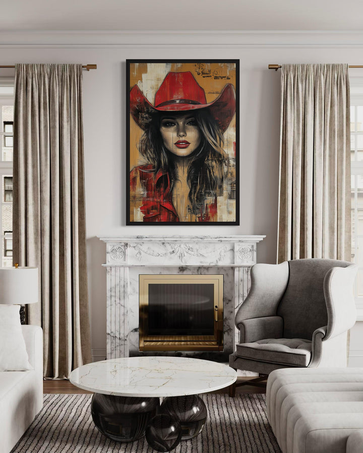 Cowgirl in red hat graffiti portrait framed canvas wall art hanging above a marble fireplace.