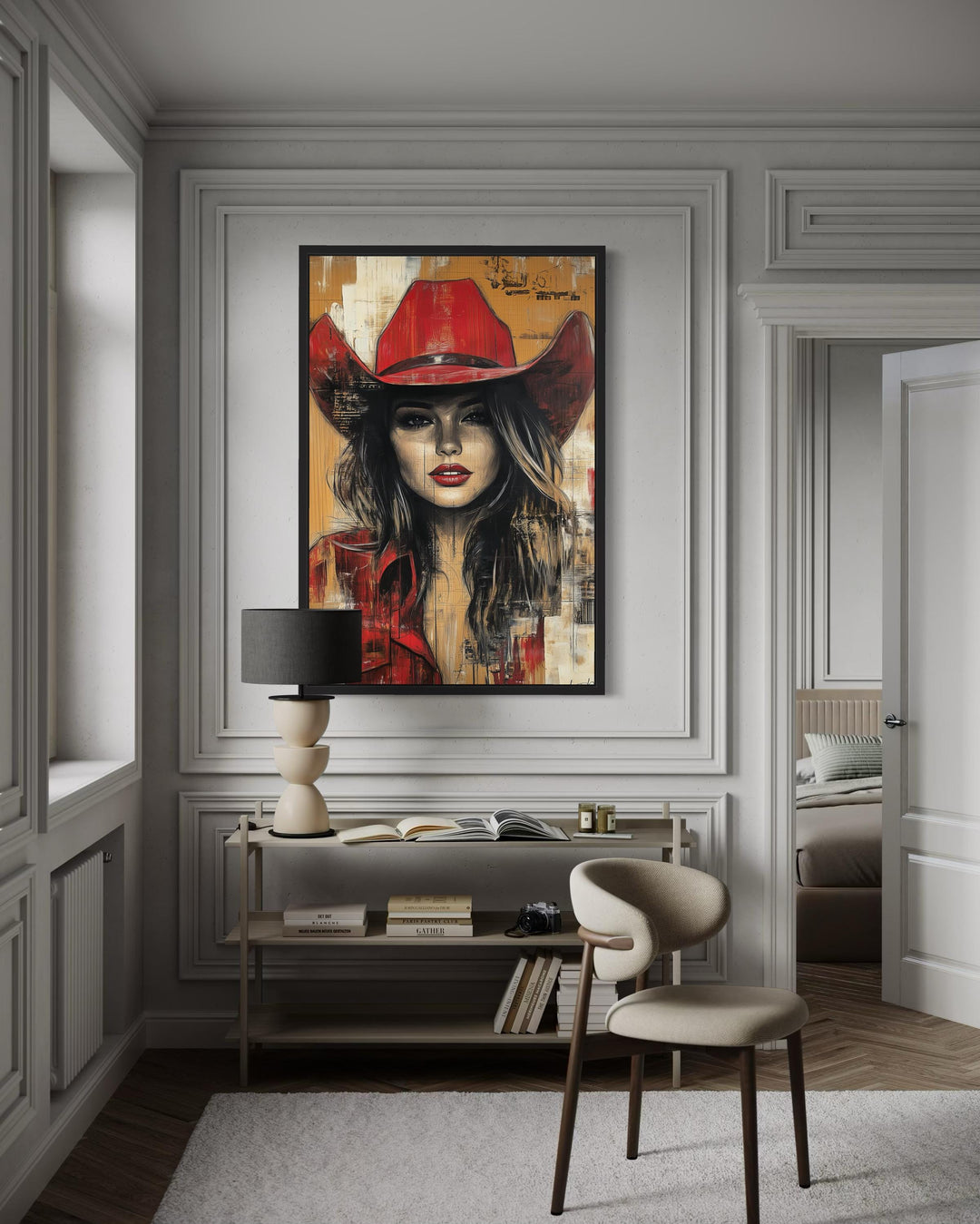 Cowgirl in red hat graffiti portrait framed canvas wall art in a modern rustic room.