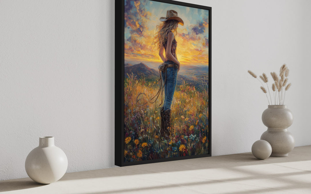 Cowgirl In Wildflowers Field At Sunset Framed Canvas Wall Art