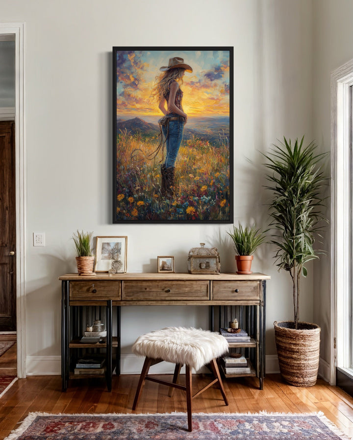 Cowgirl In Wildflowers Field At Sunset Framed Canvas Wall Art