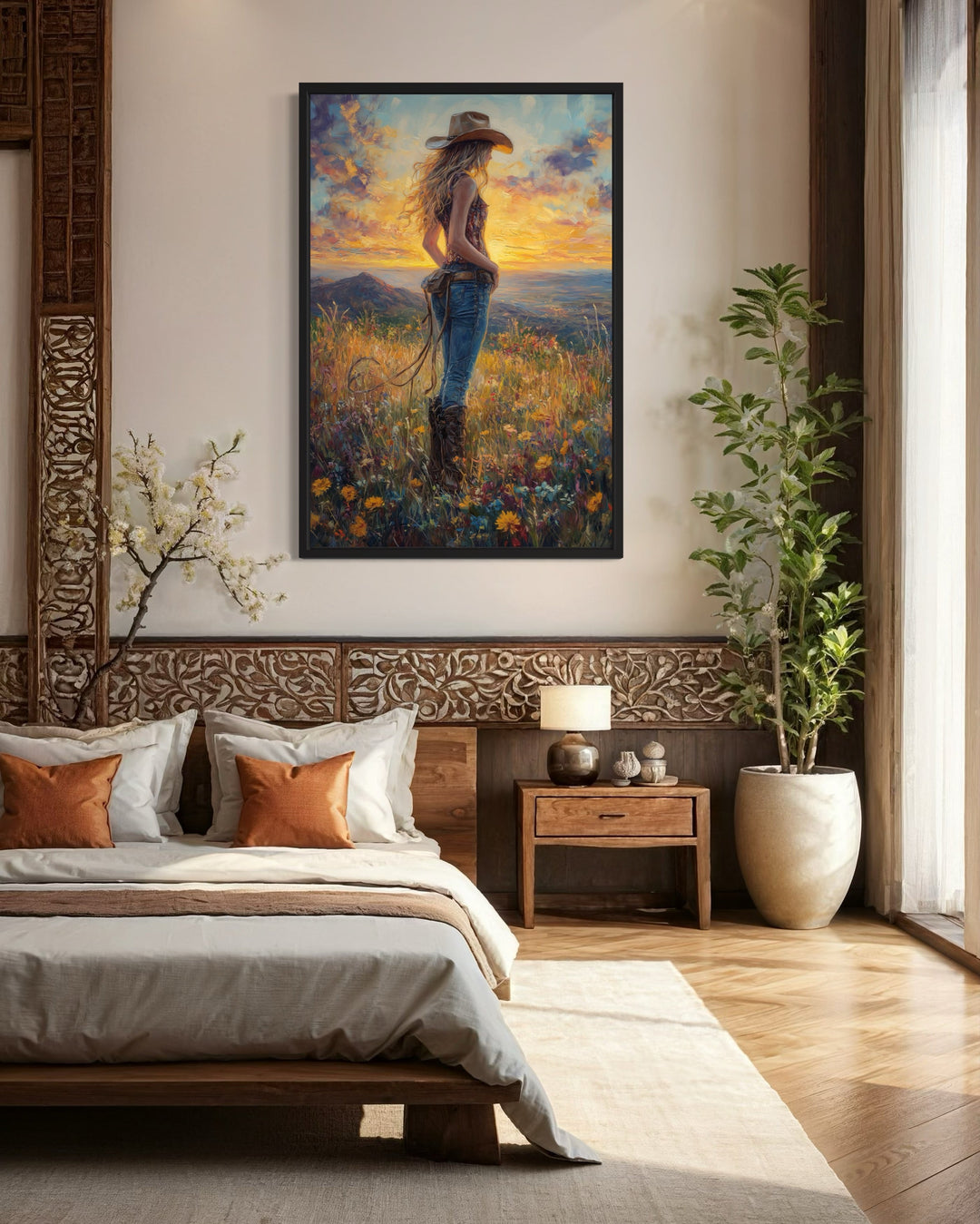 Cowgirl In Wildflowers Field At Sunset Framed Canvas Wall Art