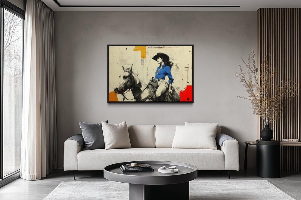 Cowgirl On Horse Graffiti Framed Canvas Wall Art