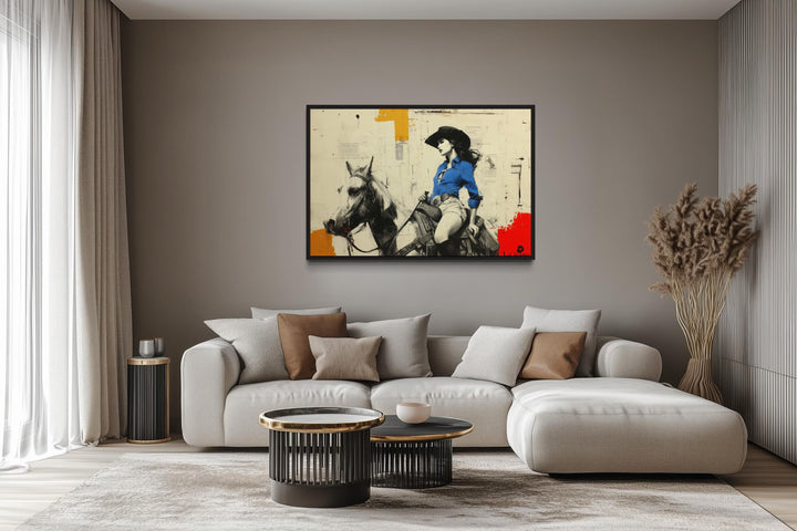 Cowgirl On Horse Graffiti Framed Canvas Wall Art