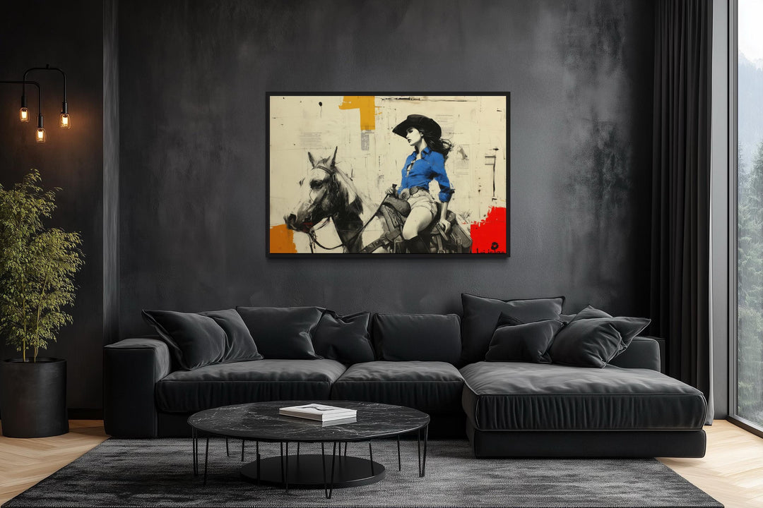 Cowgirl On Horse Graffiti Framed Canvas Wall Art