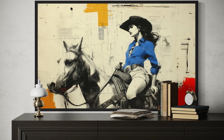 Cowgirl On Horse Graffiti Framed Canvas Wall Art