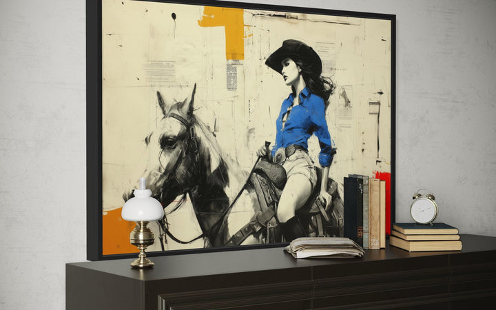 Cowgirl On Horse Graffiti Framed Canvas Wall Art