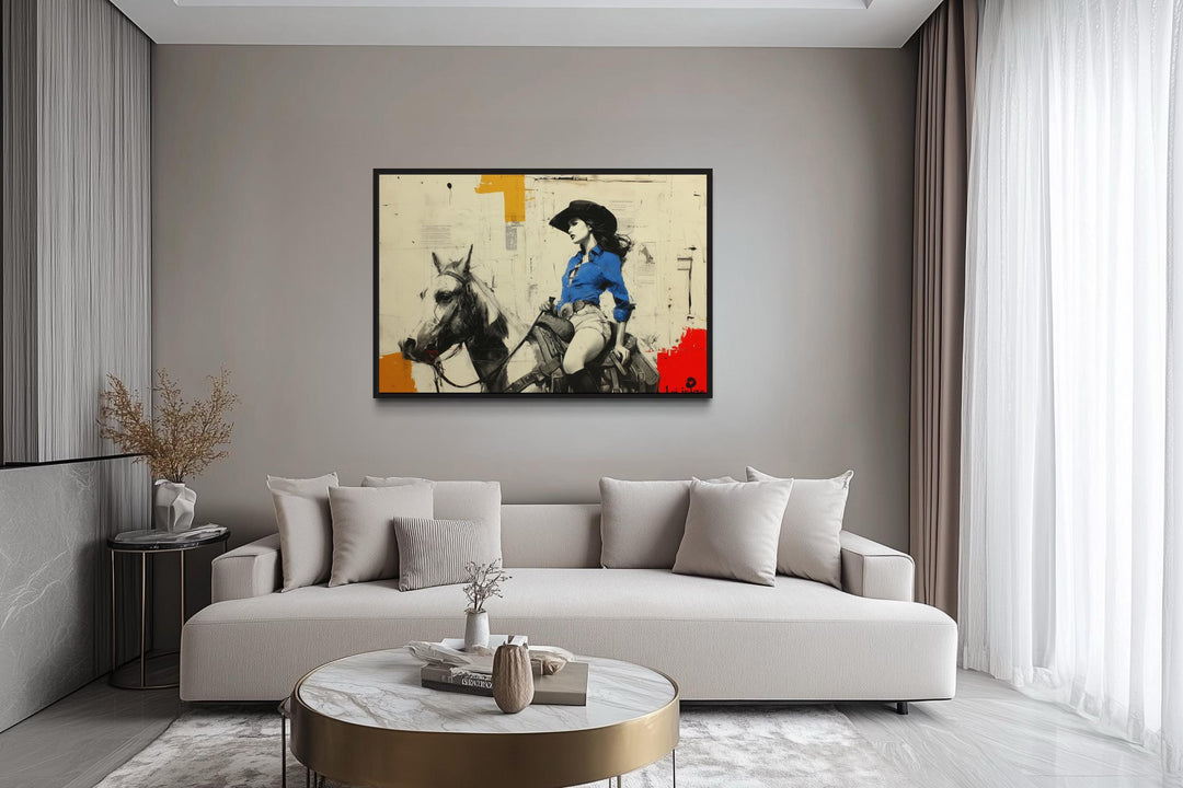 Cowgirl On Horse Graffiti Framed Canvas Wall Art