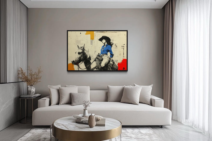 Cowgirl On Horse Graffiti Framed Canvas Wall Art