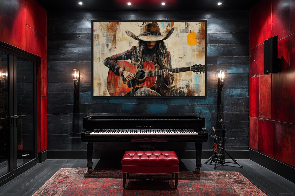Cowgirl Playing Guitar Framed Canvas Wall Art