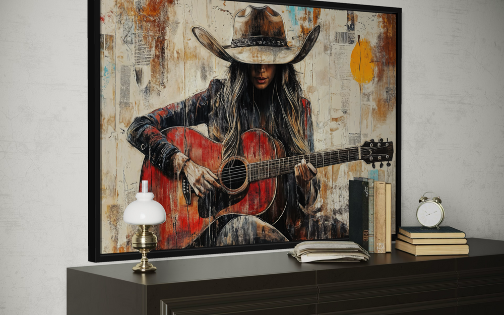 Framed canvas wall art of a cowgirl in a hat playing a red guitar in a rustic, painterly style.