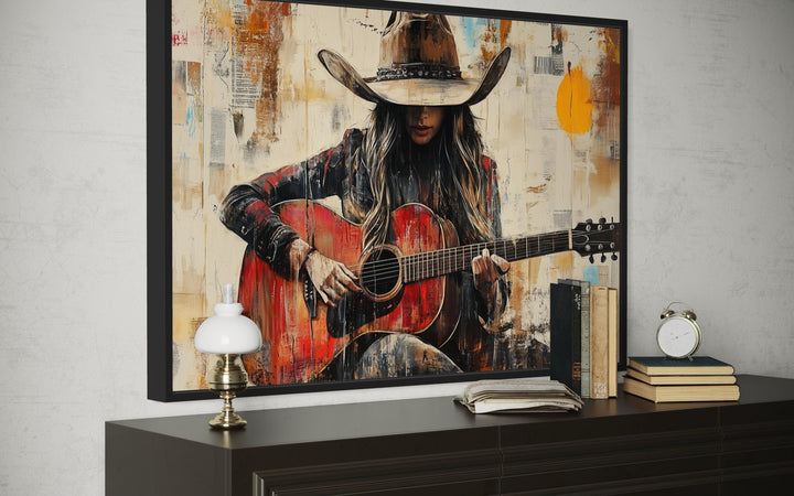 Cowgirl Playing Guitar Framed Canvas Wall Art