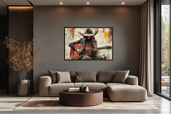 Framed canvas wall art of a cowgirl playing a red guitar in a modern living room setting.