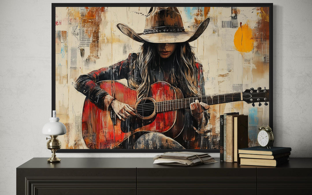 Cowgirl Playing Guitar Framed Canvas Wall Art