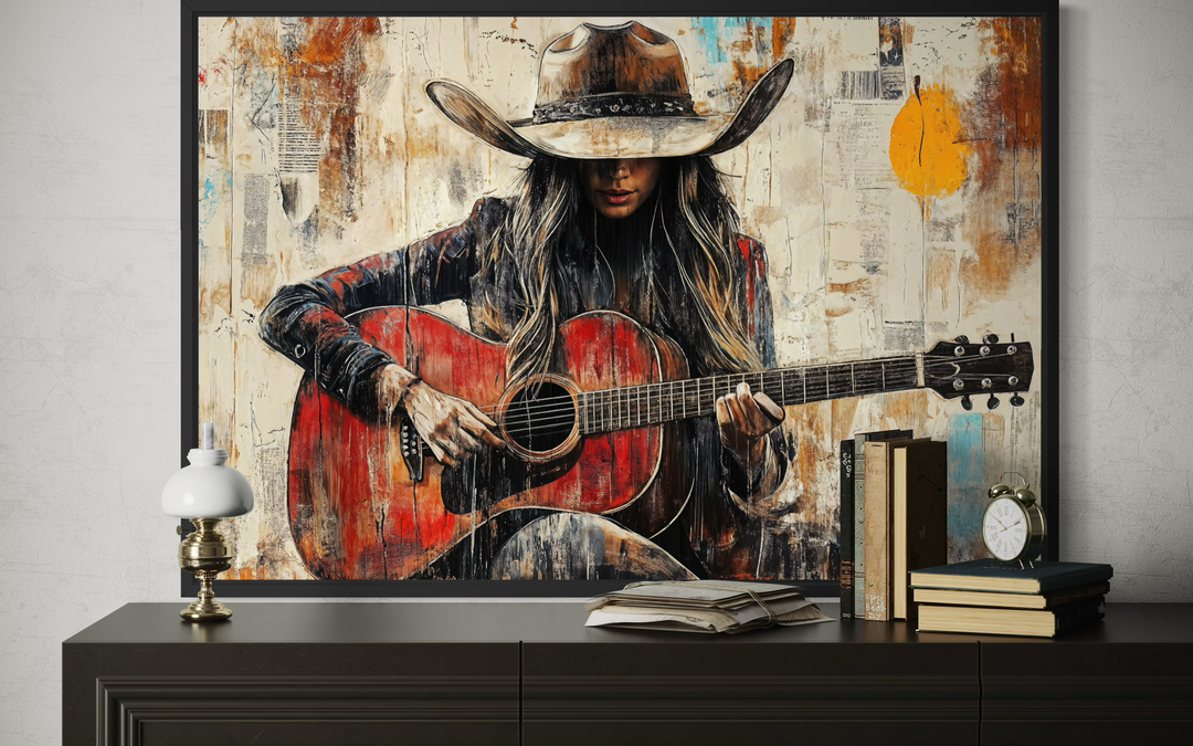 Framed canvas wall art of a cowgirl in a hat playing a red guitar with a textured, painterly finish.
