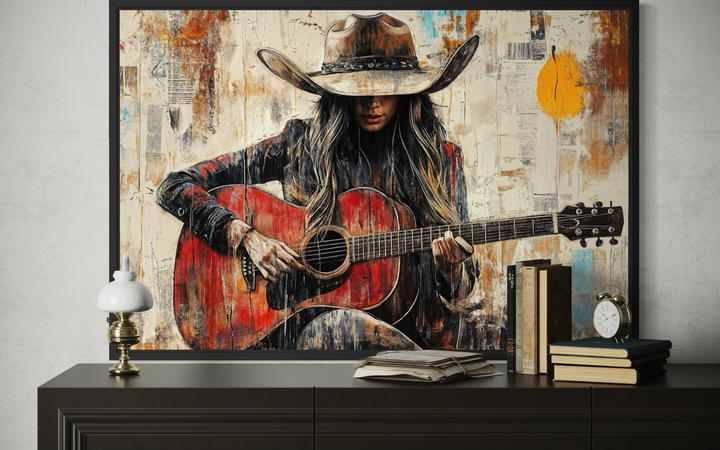 Framed canvas wall art of a cowgirl in a hat playing a red guitar with a textured, painterly finish.