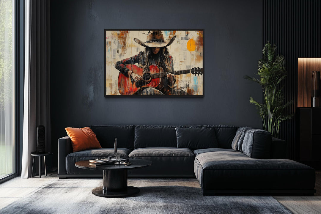 Cowgirl Playing Guitar Framed Canvas Wall Art