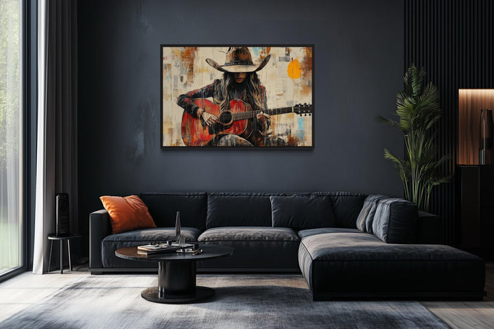 Cowgirl Playing Guitar Framed Canvas Wall Art