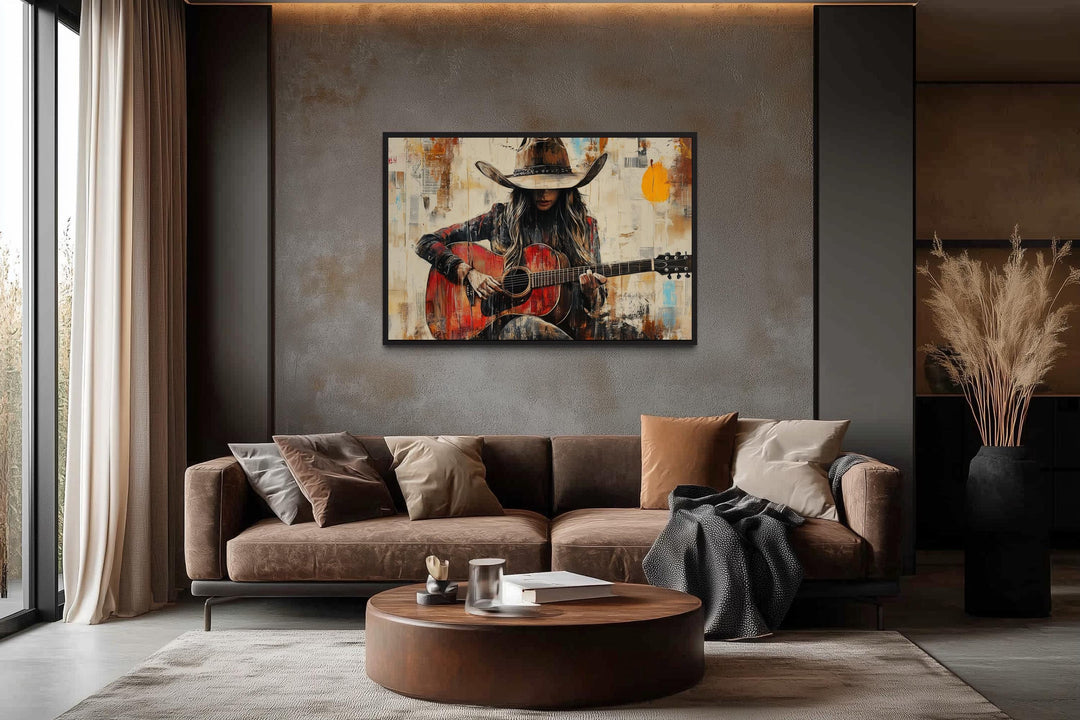 Cowgirl Playing Guitar Framed Canvas Wall Art