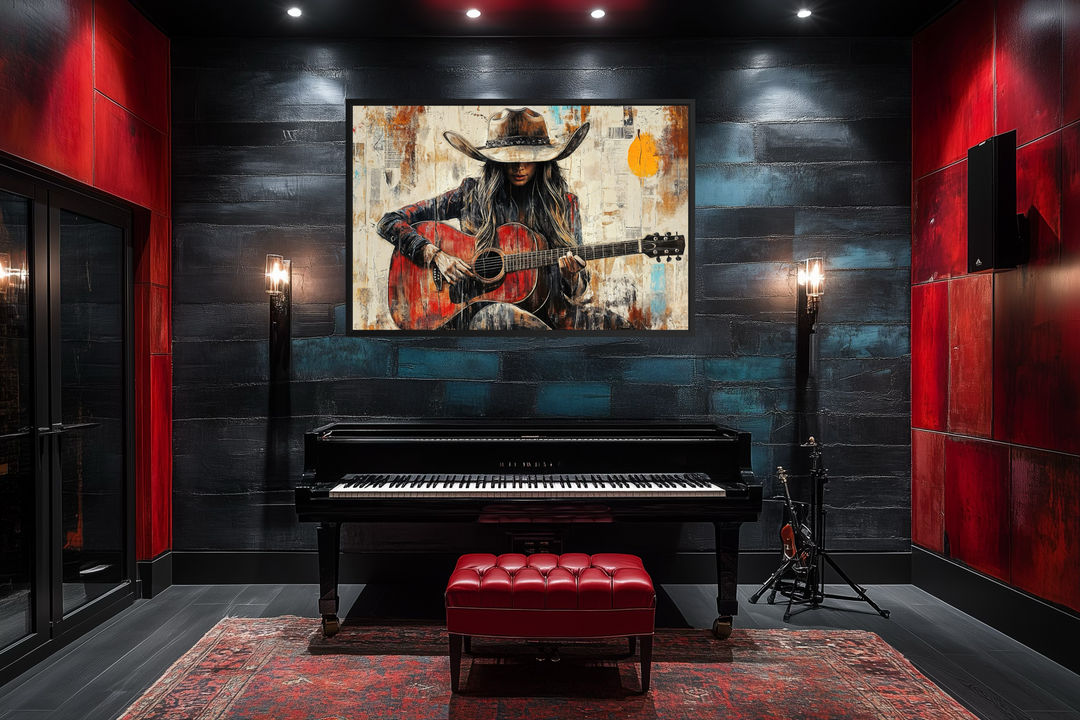Framed canvas wall art of a cowgirl playing a red guitar in a rustic, painterly style.