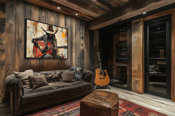 Cowgirl Playing Guitar Framed Canvas Wall Art