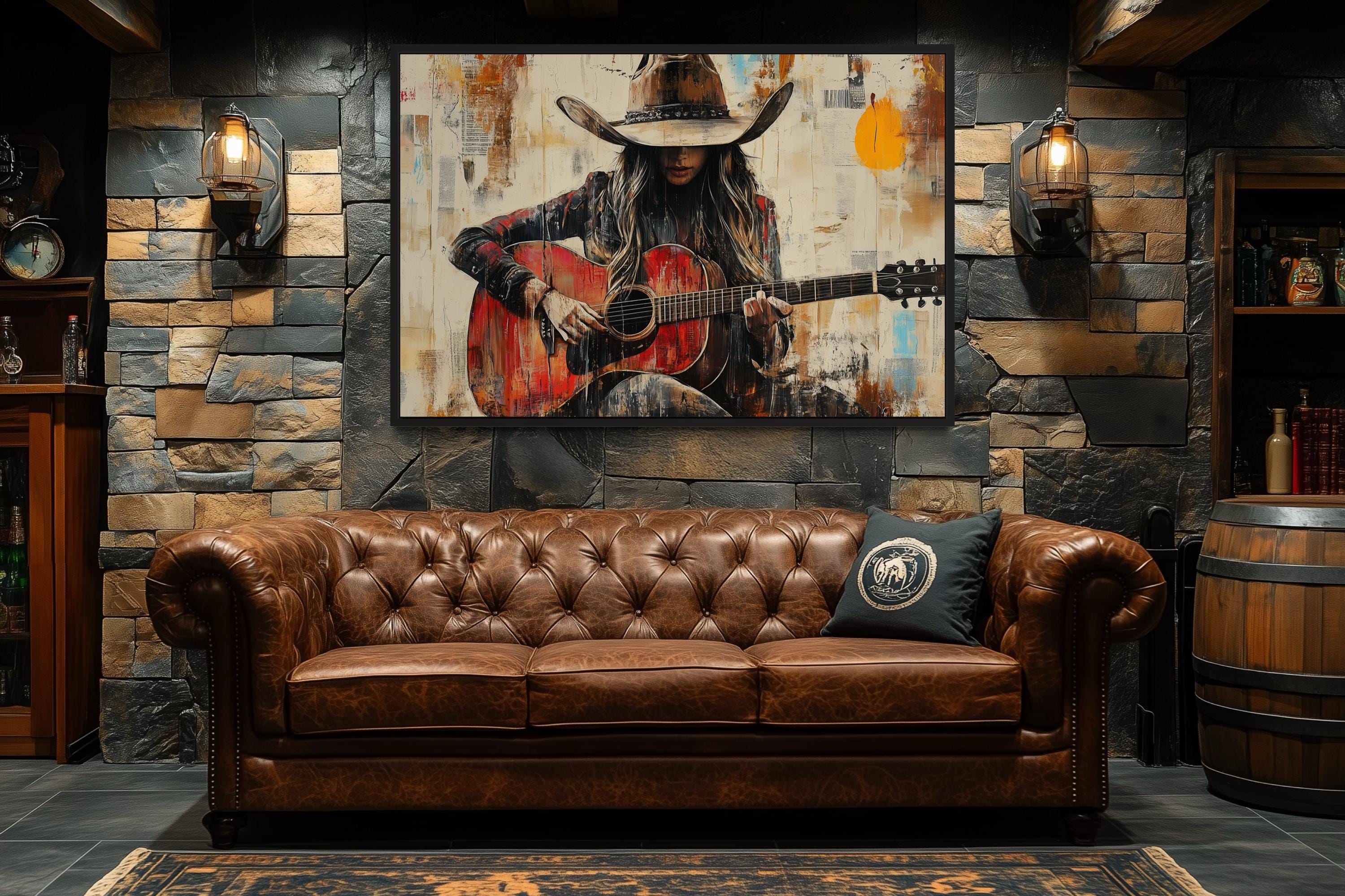 Cowgirl Playing Guitar Framed Canvas Wall Art | Wall Decor Delights, image size:3000x2000