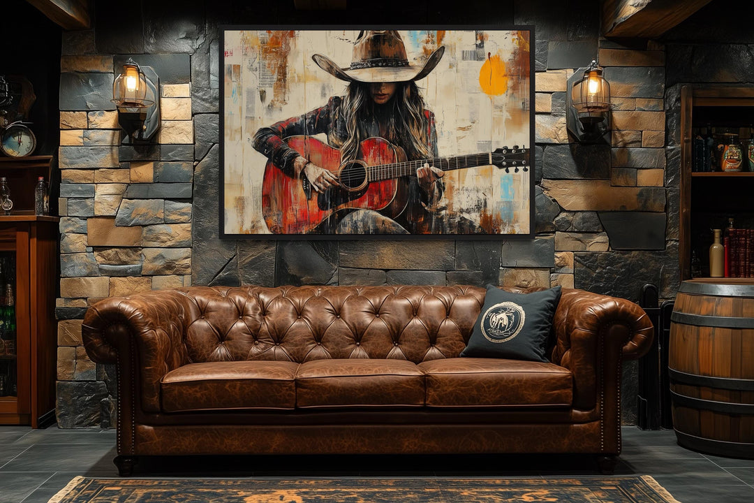 Cowgirl Playing Guitar Framed Canvas Wall Art