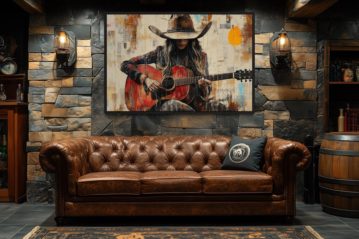 Cowgirl Playing Guitar Framed Canvas Wall Art