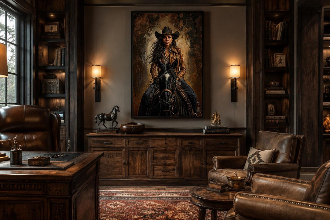 Cowgirl portrait on a black horse, sepia-toned western wall art in a dark wood study.