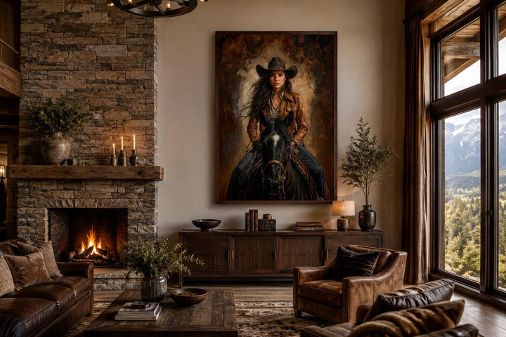 Cowgirl portrait riding a black horse in sepia tones, framed western wall art in a rustic living room