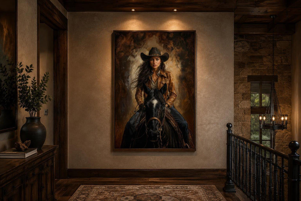 Cowgirl portrait riding a black horse in warm sepia tones, framed western wall art in a rustic room.