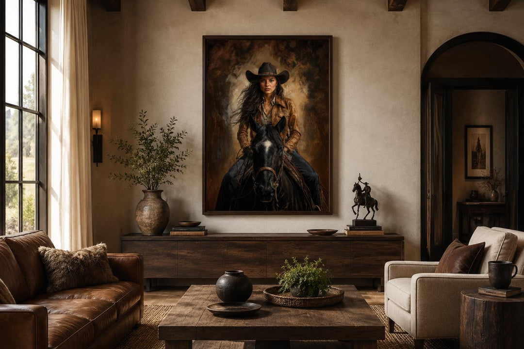 Cowgirl portrait riding a black horse in sepia tones, framed western wall art in a rustic room.