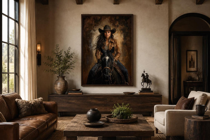Cowgirl portrait riding a black horse in sepia tones, framed western wall art in a rustic room.