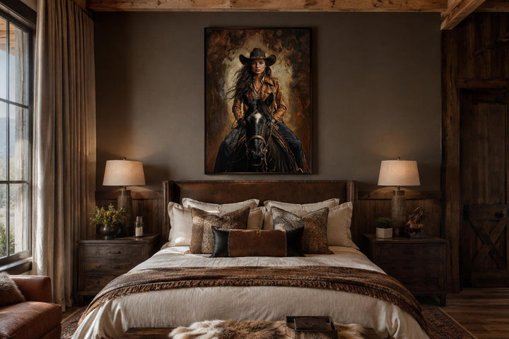 Cowgirl portrait on a black horse in sepia tones, framed western wall art above a bed.