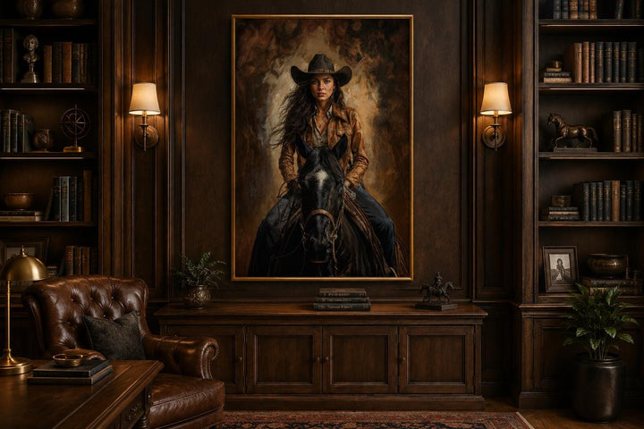 Cowgirl portrait riding a black horse in warm sepia tones, framed western wall art in a study.