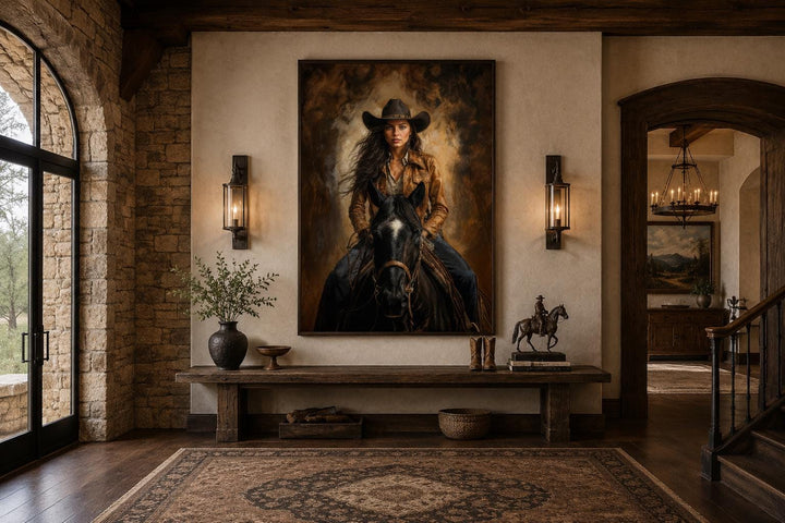 Cowgirl portrait on a black horse in sepia tones, framed western wall art in a rustic entryway.