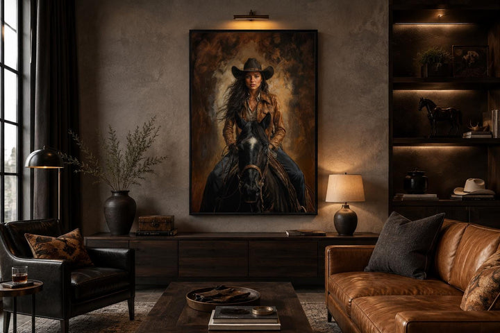 Cowgirl portrait on a black horse in sepia tones, framed western wall art in a rustic living room.