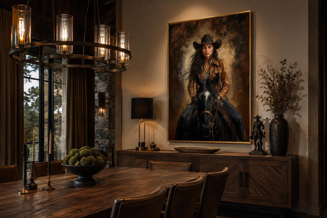 Cowgirl portrait riding a black horse in sepia tones, framed western wall art in a dining room.
