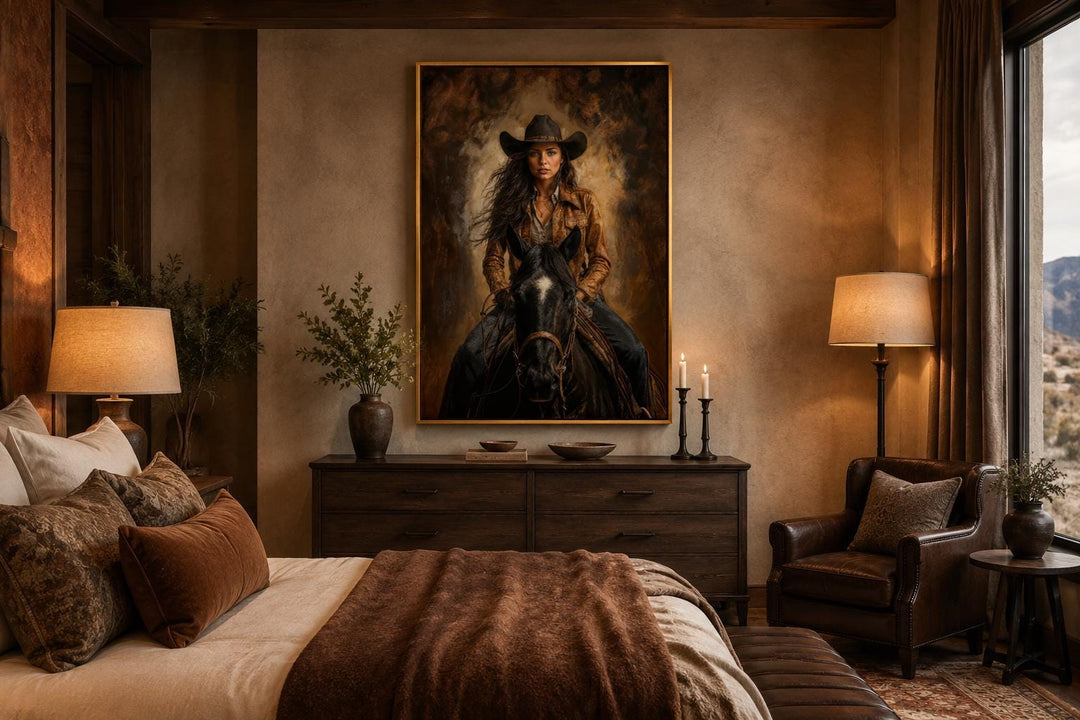 Cowgirl portrait on a black horse in a gold frame, hanging above a dresser in a rustic bedroom.