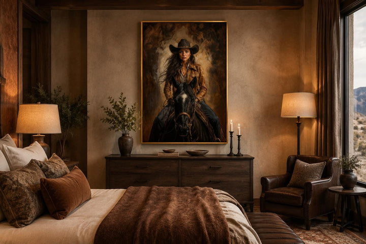 Cowgirl portrait on a black horse in a gold frame, hanging above a dresser in a rustic bedroom.