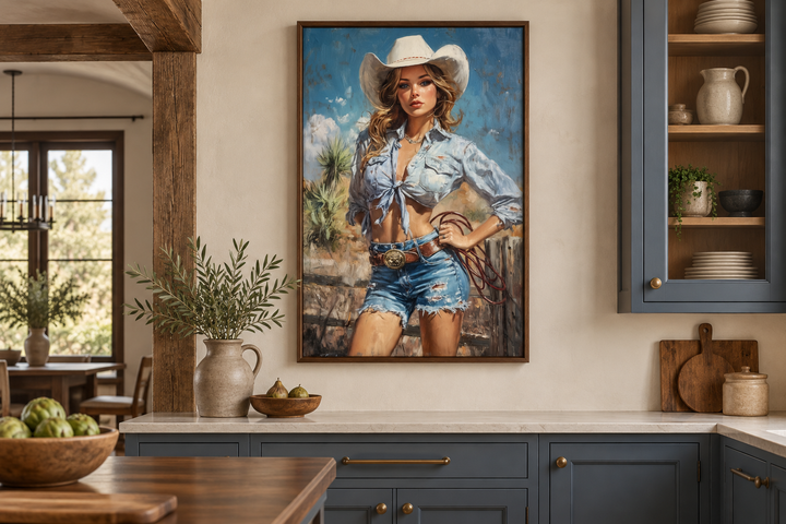 Retro pin up style cowgirl framed canvas wall art in a rustic kitchen setting.