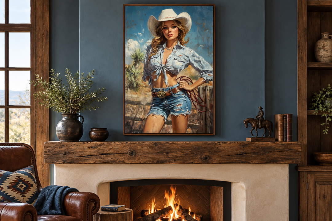 Retro pin up style cowgirl framed canvas wall art hanging above a rustic wooden fireplace mantel.