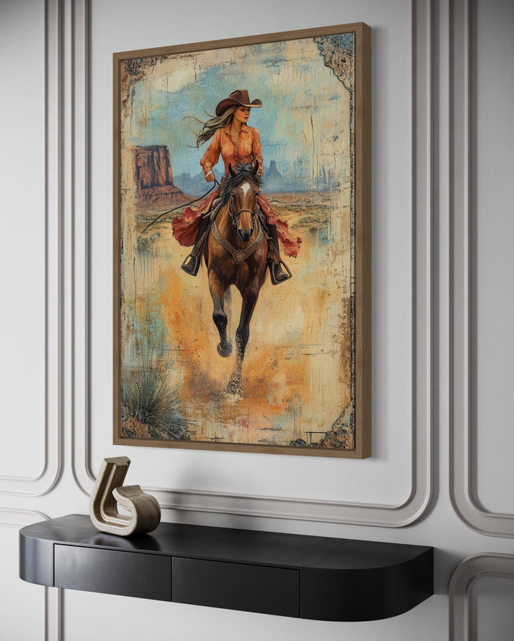 Cowgirl Riding A Horse In Monument Valley Framed Canvas Wall Art