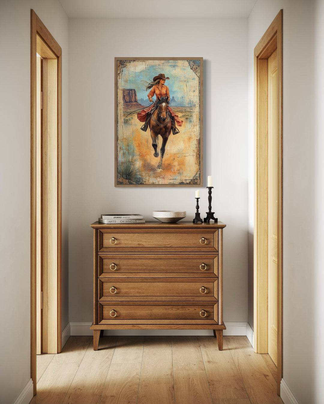 Cowgirl Riding A Horse In Monument Valley Framed Canvas Wall Art