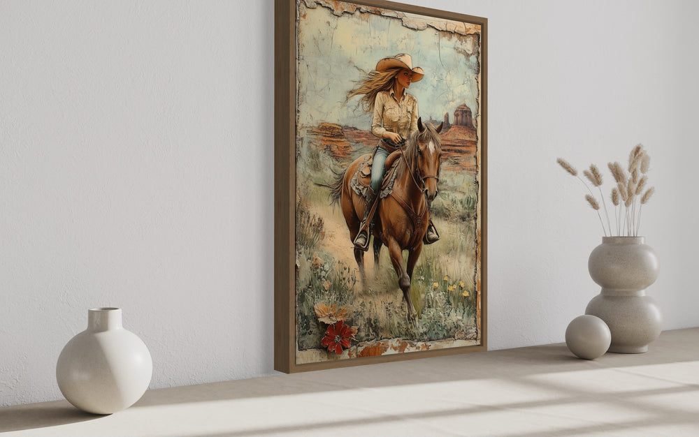 Cowgirl Riding A Horse In The Desert Framed Canvas Wall Art side view