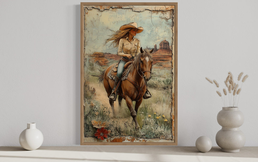 Cowgirl Riding A Horse In The Desert Framed Canvas Wall Art