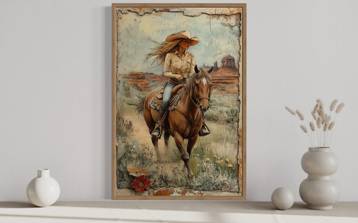 Cowgirl Riding A Horse In The Desert Framed Canvas Wall Art