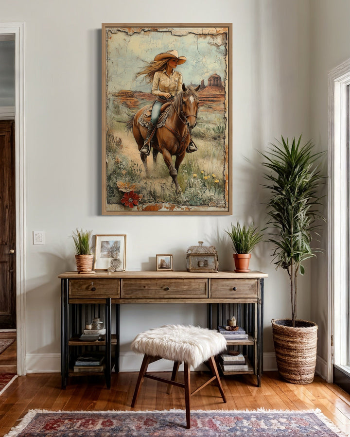 Cowgirl Riding A Horse In The Desert Framed Canvas Wall Art